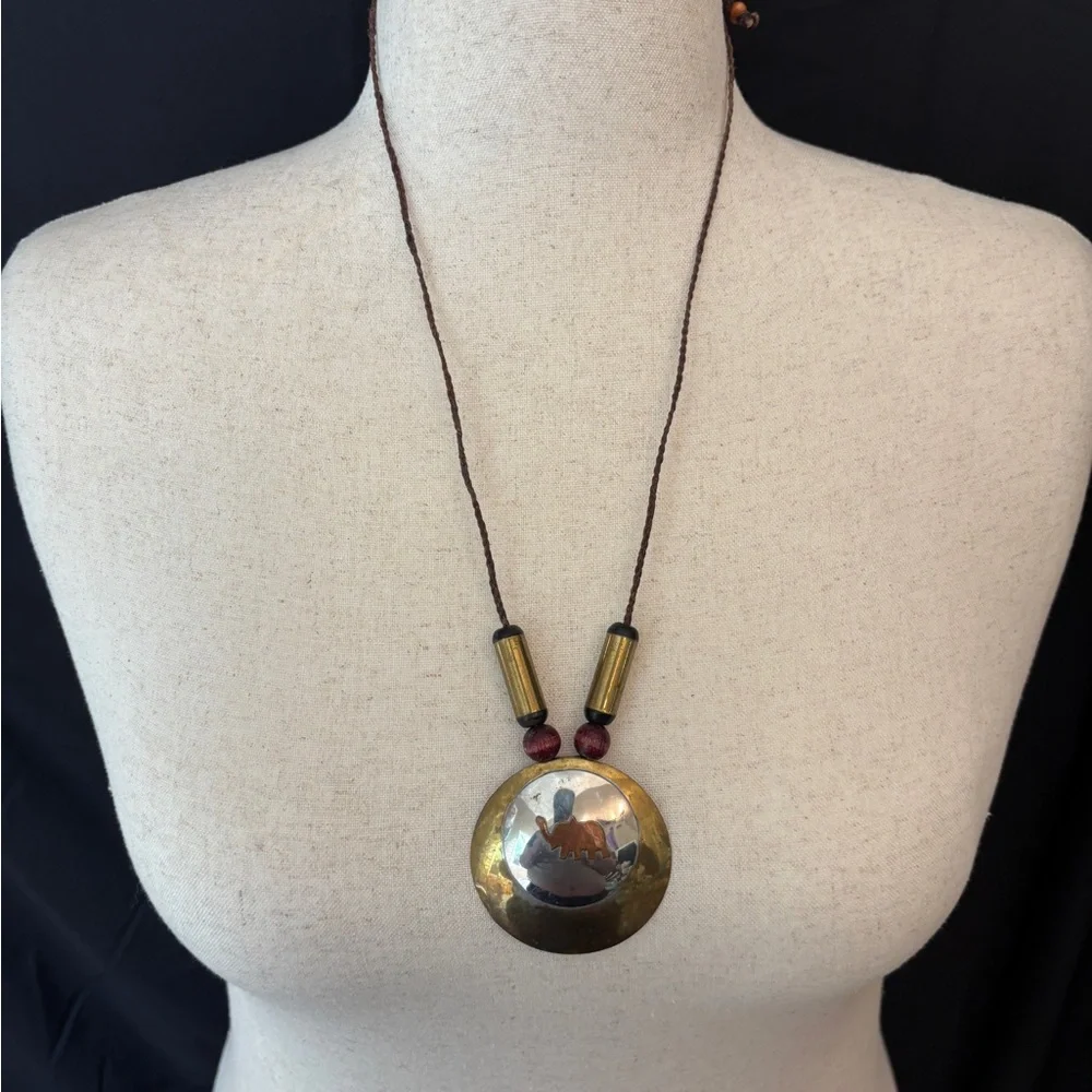 Elephant Themed Necklace & Earrings Vintage 1980s Set Gold and Silver Tone - Picture 2 of 3